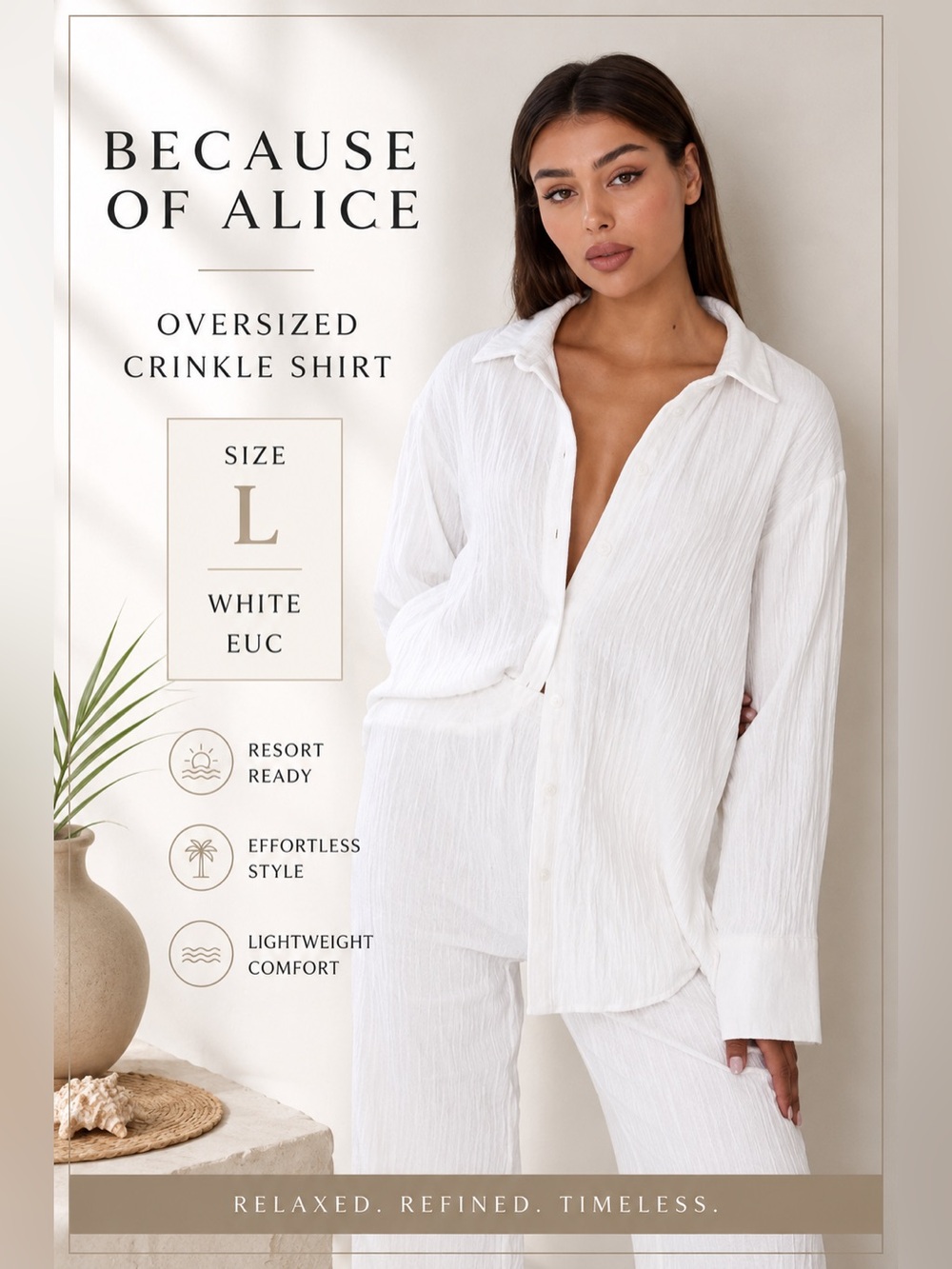 Because Of Alice Oversized Crinkle Button Front Shirt White Size Large